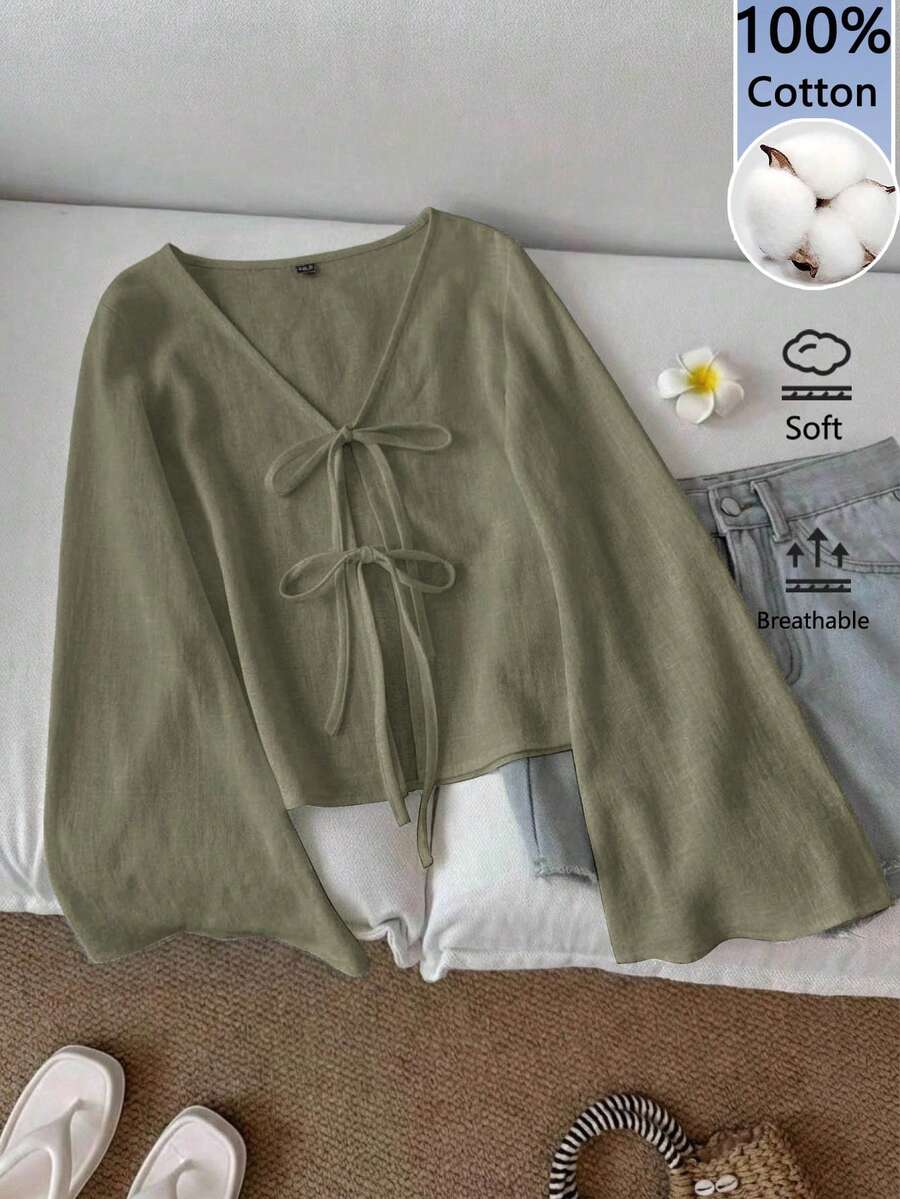 SHEIN LUNE 女款 100% 純棉休閒純色 V 領喇叭袖前打結上衣,春秋款棕色 V 領上衣、綠色上衣、綠色前綁帶上衣,休閒風格 - 綠色 - 查看 1