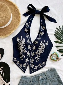 Soleia Top corto con cuello de halter, bordado de flores negras sobre base de color albaricoque, con lazo, adecuado para festivales de música - Azul Marino - Ver 6