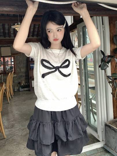 DAZY 女士圆领蝴蝶结装饰撞色针织上衣