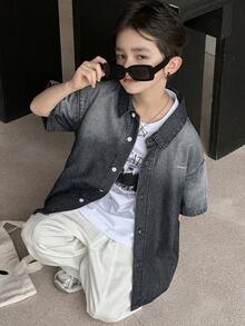 Dazy Kids 青少年男童拼接单排扣休闲百搭日常牛仔夹克 - 黑色 - 查看 7