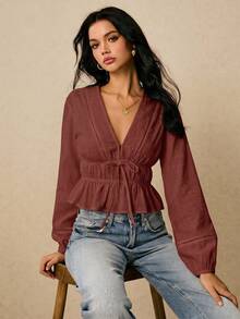 Poéselle Women's Casual Versatile Solid Color Cinched Waist Shirt,Summer Top - Redwood - View 3