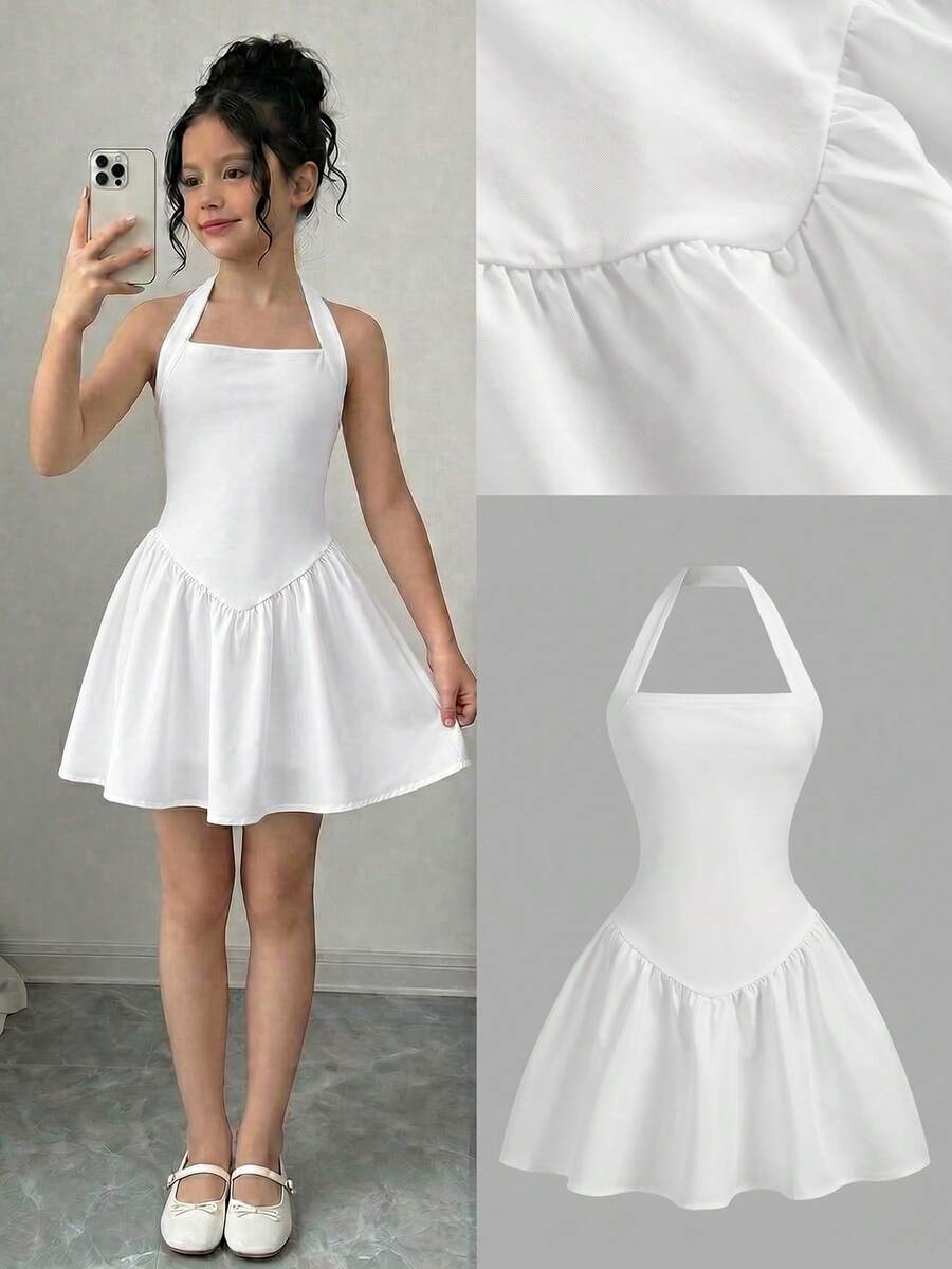 Firerie Kids Đầm mini dáng chữ A màu trắng thanh lịch, dây mảnh, ôm sát, thích hợp cho bé gái tuổi teen, dự tiệc, đi chơi, hoặc mặc đi học. - màu đen - Xem 1