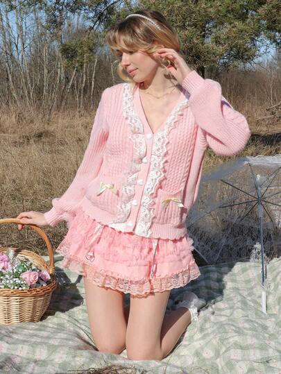 Kawaii ROMWE X Elena Katey 女士 Himekaji 甜美粉色蕾丝拼接蝴蝶结装饰纽扣开衫，适合秋季穿着
