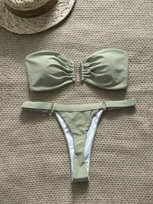 Swim Chiccia Springbreak 女士纯色抹胸金属装饰上衣和丁字裤比基尼两件套，简约夏季泳装 - 綠色 - 查看 1