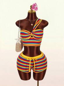 Amplova Conjunto de 2 piezas de top sin mangas con nudo retorcido a rayas y shorts, para vacaciones - Multicolor - Ver 12