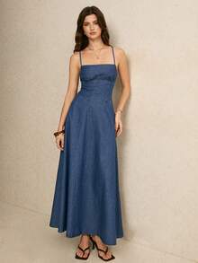 Poéselle Đầm slip denim thời trang mùa hè dành cho nữ - Rửa trung bình - Xem 8