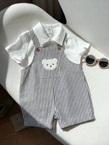 SHEIN 2件套男/女婴舒适休闲可爱白色短袖衬衫和条纹背带短裤套装，适合室内、室外、日常、运动、玩耍、派对、拍照、度假、春夏穿着。 - 彩色 - 查看 7