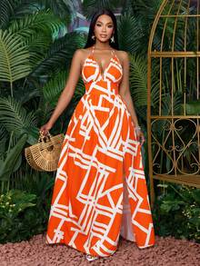 SOLERSUN Women Casual Holiday Deep V Neck Backless Ruched Split Thigh Maxi Dress With Botanical Print - Orange - View 4