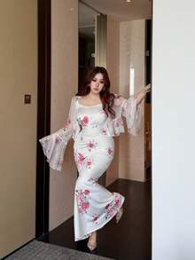 Vibekara Plus Size Women Floral Print Camisole Dress And Bell Sleeve Cardigan Casual Outfit - Pink - View 6