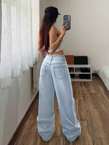 SHEIN Tall 女款側條紋寬腿寬鬆休閒牛仔褲，適合高個女性 - 藍色 - 查看 2