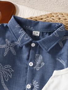 SHEIN Playful Pals 3件組 嬰幼兒男童休閒學院風字母藍白條紋背心、佩斯利花卉印花襯衫、短褲 夏季度假假日套裝 - 藍色 - 查看 6