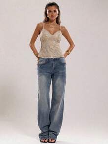 SHEIN BAE Áo hai dây nữ gợi cảm hở lưng, đính hạt, họa tiết hoa, thích hợp cho kỳ nghỉ biển, đi chơi, dạo phố, đi nghỉ mát ở biển. - Màu Khaki - Xem 4