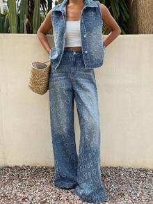 Livesso Bộ đồ nữ thường ngày gồm áo ba lỗ họa tiết trái tim và quần jeans. - Màu xanh lam - Xem 1