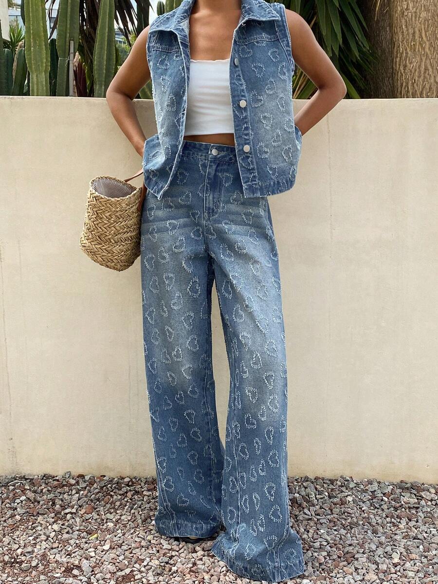 Livesso Bộ đồ nữ thường ngày gồm áo ba lỗ họa tiết trái tim và quần jeans. - Màu xanh lam - Xem 1