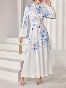 Al Najma 女士数码印花腰部喇叭长袖连衣裙 - 白色 - 查看 3