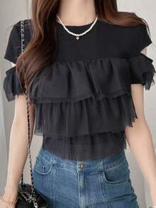 FRIFUL Camiseta Feminina Versátil e na Moda com Bainha Multicamadas, Adequada para Encontros - Preto - Visão 7