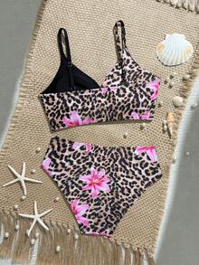 SHEIN 2件套少女随机印花弹力速干舒适针织面料连体泳衣，适合海滩、泳池、冲浪、度假、夏季旅行 - 彩色 - 查看 2