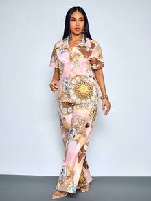 SOLERSUN Conjunto casual de primavera/verano para mujer: Camisa holgada de manga corta con botones y estampado en tono rosa-marrón, con abertura frontal y cintura elástica, y pantalones rectos. - Rosa - Ver 7