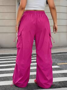 SHEIN EZwear 大码女式弹力腰带口袋休闲日常裤 - 玫紅色 - 查看 2
