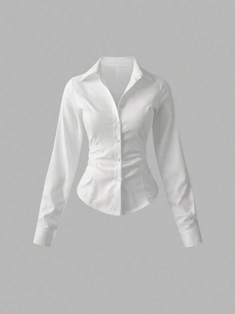 Sweetra Women's Casual Versatile Commuter Solid Color Waist Shirt - White - View 1