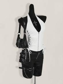 SHEIN ICON Áo tank top nữ mùa hè kiểu Y2K cổ chữ V, thích hợp đi dự tiệc, hòa nhạc, màu đen, phong cách Gothic gợi cảm, có khoen kim loại, dây đeo chéo bên hông, kiểu yếm. - trắng - Xem 4
