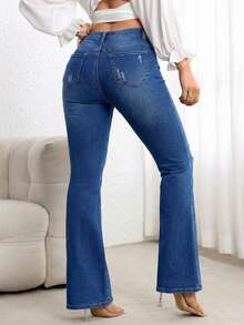 Pantalones vaqueros casuales de color liso, adecuados para el verano, pantalones vaqueros acampanados negros, pantalones vaqueros negros para mujer, pantalones vaqueros acampanados de - Azul 4 - Ver 2