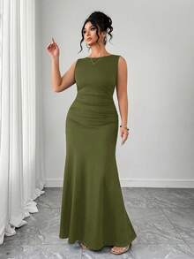 Elenzga Women's Elegant Sleeveless Round Neck A-Line Dress, Waist Ruched Design, Solid Knit Fabric - Green - View 4