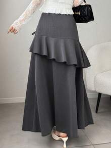 FRIFUL Women's Multi-Layer Ruffle Asymmetric Hem Patchwork Skirt - Grey - View 2