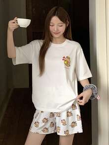 DAZY 2pcs/Set Cute Rabbit Pattern Loose Short Sleeve T-Shirt And Shorts Pajama Set, Summer Women Sleepwear - White - View 8