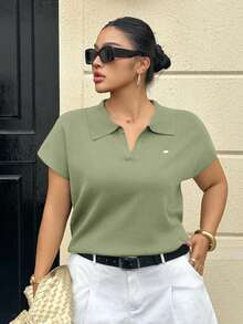 Dazy Plus Plus Size Women Casual Loose Solid Color Half-Placket Short Sleeve Knit Top, Suitable For Spring And Summer Commuting - Mint Green - View 6