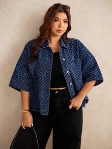 Elaquor Áo sơ mi denim dáng rộng tay ngắn cài một hàng khuy cho nữ cỡ lớn, có túi, kiểu dáng thường ngày. - Rửa tối - Xem 1