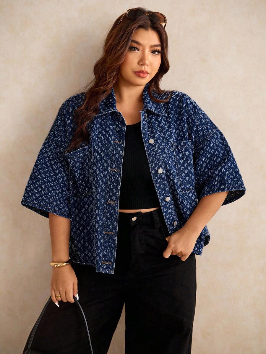Elaquor Áo sơ mi denim dáng rộng tay ngắn cài một hàng khuy cho nữ cỡ lớn, có túi, kiểu dáng thường ngày. - Rửa tối - Xem 1