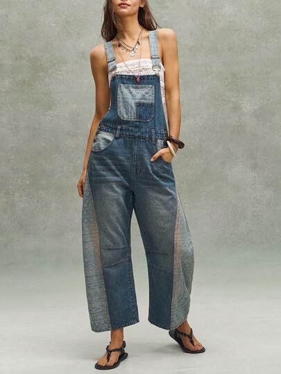 Bohemela Boho Casual Women's Summer Navy Blue Floral Denim Jumpsuit, Vintage Washed Distressed Paisley Patchwork Everyday Woven Romper For Vacation
