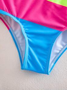 SHEIN Young Girl Colorblock Bikini And Triangle Panty Swimwear Set, Suitable For Summer Vacation And Beach - Multicolor - View 4
