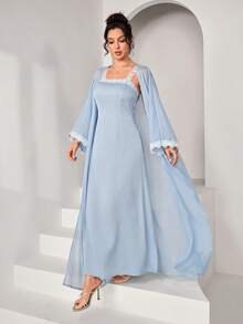 Al Najma Đầm hai dây ren thanh lịch ôm eo, phối cùng áo khoác cardigan mở phía trước, thích hợp cho mùa xuân/hè. - Màu xanh lam - Xem 5
