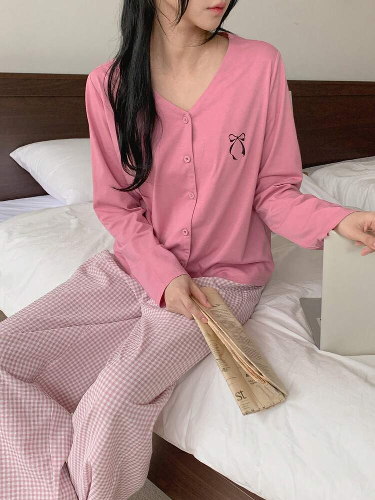 Women's Bow Print Long Sleeve Top And Plaid Pants Pajama Set