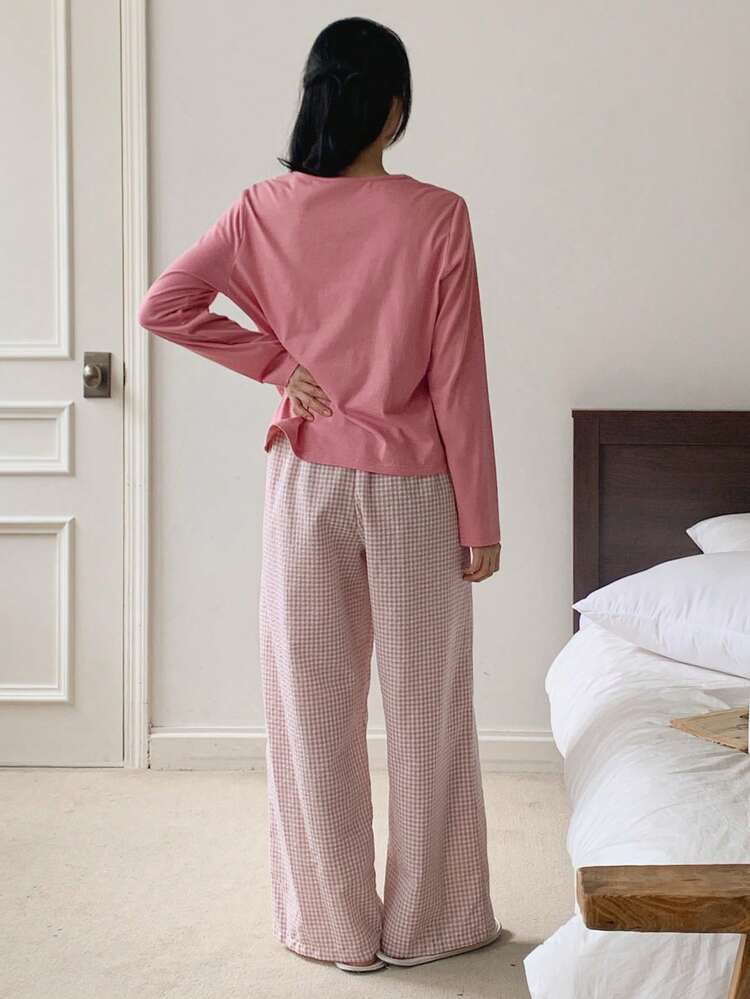 Women's Bow Print Long Sleeve Top And Plaid Pants Pajama Set