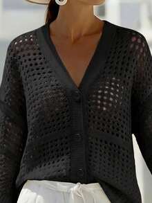 Balvessa Áo khoác cardigan mỏng nhẹ, cổ chữ V, không tay, chất liệu lưới rỗng, cài một hàng cúc, dáng rộng, thoải mái dành cho nữ. - màu đen - Xem 6
