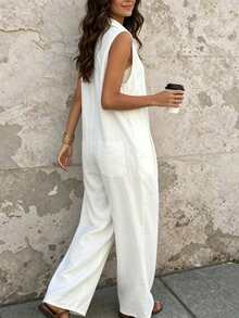 SHEIN Holidaya Europäisch-amerikanischer Mode Kragen Dekorknopf Design ärmellose locker sitzende lässig Damen Jumpsuit, Damen Frühlings- und Sommer Jumpsuit, ärmellose Bluse, Frühlings-Kleidung, Sommer-Outfit, Urlaub, Ausflug, Y2K, Frühling, Sommer, Schulanfang, lässig, Strand, Business, vielseitig, sexy, Damen Weiß Jumpsuit - Beige - Übersicht 3