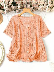 Linhara Plus Size Women Solid Color Knitted Round Neck Hollow Out Single-Breasted Short Sleeve Cropped Casual Lightweight Cardigan, Spring/Summer - Coral Orange - View 3