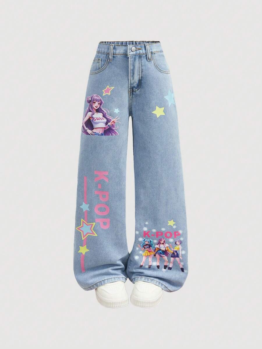 SHEIN 青少年女孩時尚休閒 Y2K 復古酷街頭簡約基礎可愛女孩卡通圖案藍色寬鬆牛仔褲,適合日常穿著、春夏季 Rave 音樂節與街頭穿搭 - 中等水洗藍 - 查看 1