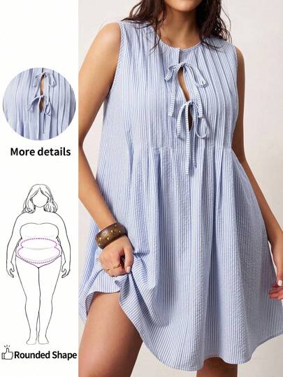 Enliva Plus-Size Women's Solid Color Ruffled Collar Elegant Sleeveless Mini Dress, Summer Dress, Plus-Size Suspender Dress, Blue And White Striped Dress, Women's Striped Tie-Up Dress, Party Vacation Casual Plus-Size Beach Dress.