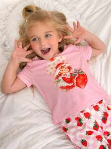 Strawberry Shortcake X SHEIN Young Girl Cartoon Print Round Neck Short Sleeve Top And Strawberry Print Pants Pajama Set - Baby Pink - View 3