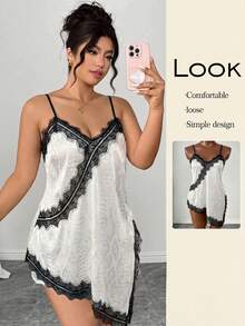 Celure Plus Size Women's Fashionable Delicate Date Night Gym V-Neck Contrast Color Lace Patchwork A-Line Slit Camisole, Spring/Summer Brown - Apricot - View 8