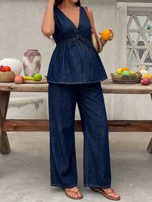 SHEIN Bộ đồ hai mảnh denim dành cho bà bầu, trang phục mùa hè, lễ hội, đi làm, nghỉ mát, tốt nghiệp, phong cách Y2K, dễ thương, thời trang đường phố, quyến rũ, dự tiệc, đám cưới, thanh lịch, công sở, đi biển, tốt nghiệp. Bộ áo liền quần denim dành cho bà bầu, 100% cotton, cổ chữ V, không tay, ống rộng, thoải mái cho mùa hè. - Màu xanh lam - Xem 6