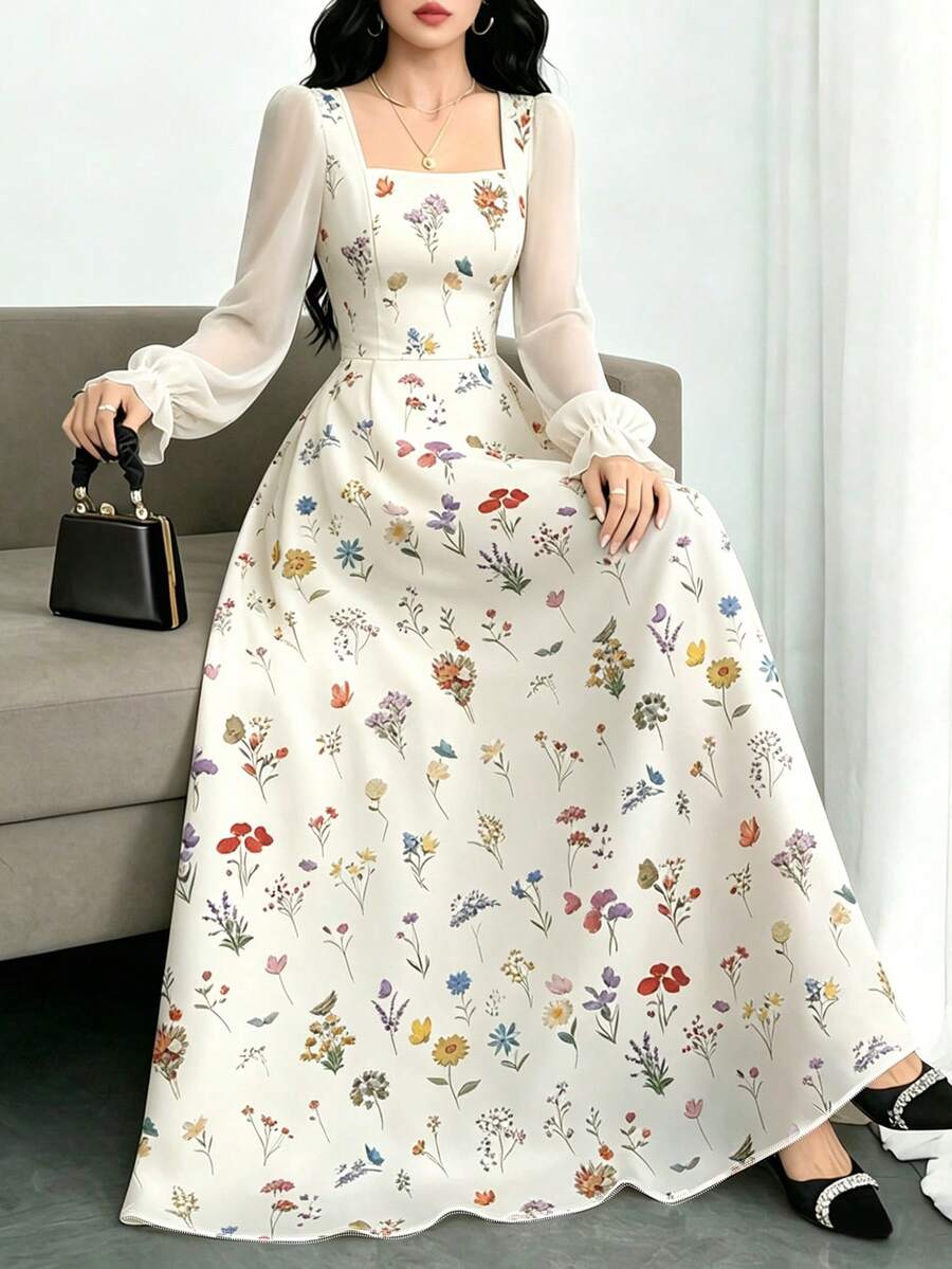 Modelyn Đầm maxi tay phồng cổ vuông họa tiết hoa nhí, thắt eo thanh lịch, thích hợp cho kỳ nghỉ hè và mặc hàng ngày, đầm maxi chiffon màu mơ nhạt họa tiết hoa. - Nhiều màu - Xem 1