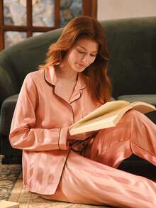 Bisouelle Bộ đồ ngủ nữ tay dài và quần dài kẻ sọc jacquard, thích hợp cho mùa thu đông. - Hồng - Xem 9