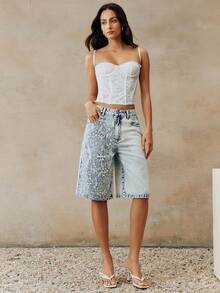 Anewsta Women's New Fashion Lace Patchwork Blue Jeans Capri Pants - Blue - View 5