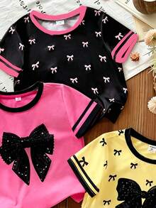 3pcs/Set Girls Toddler Digital Print Short Sleeve Round Neck T-Shirts, Spring/Summer - Multicolor - View 3