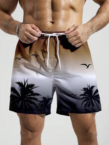 Manfinity KASUA Men's Ombre Graphic Print Slant Pocket Drawstring Waist Beach Shorts, Holiday - Coffee Brown - View 3